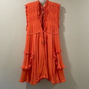 FREE PEOPLE "Antoinette" Deep V Sleeveless Baby Doll Boho Mini Dress, Orange - L